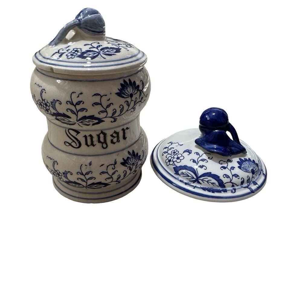 Japanese Ceramic Blue Onion Sugar Canister With Extra Lid